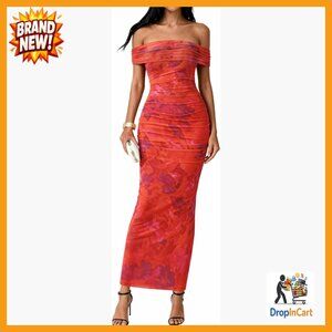 Elegant Off Shoulder Bodycon Maxi Dress Mesh Slit Floral Cocktail Party